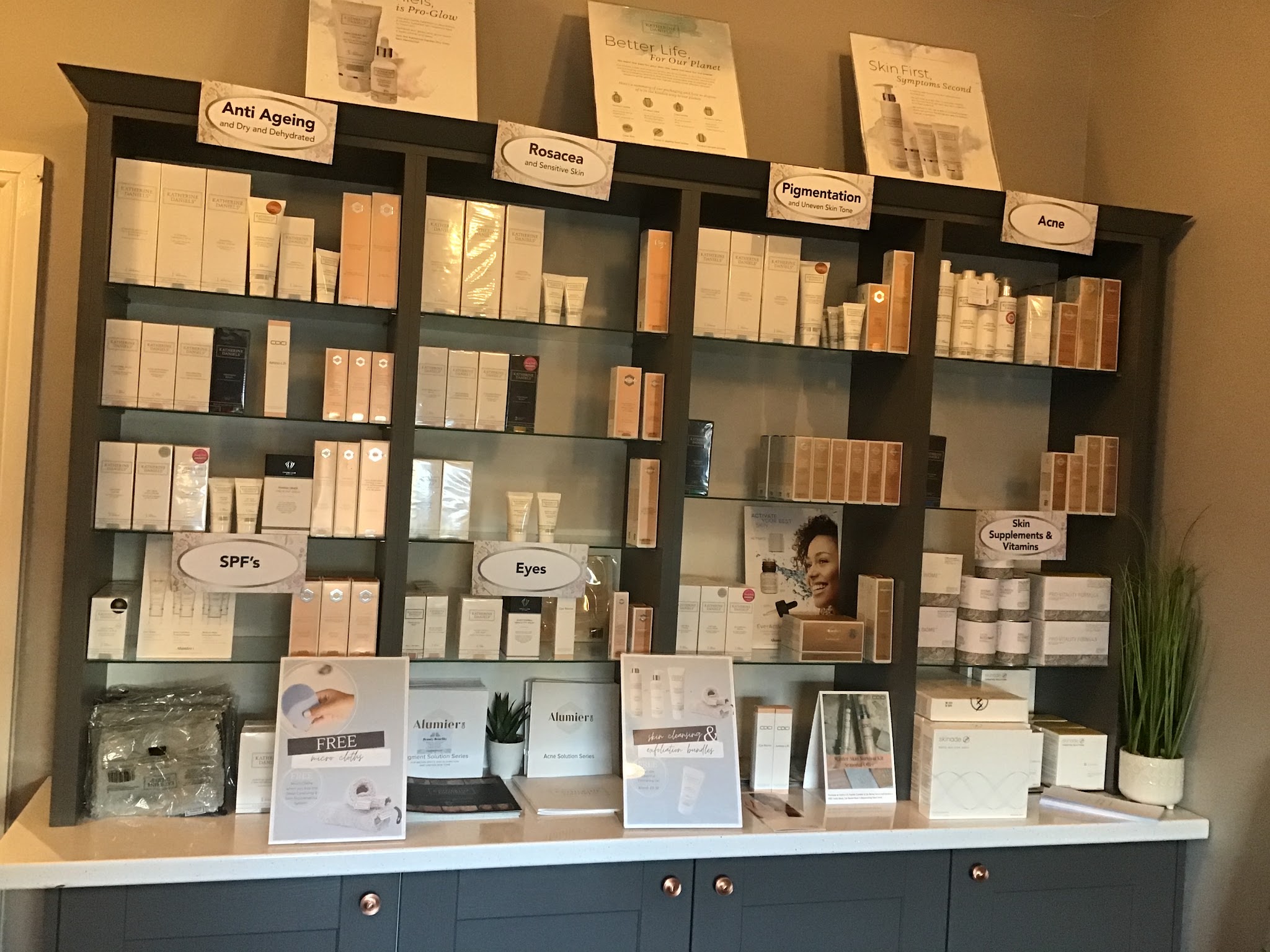 The skincare wall at Beauty Benefits, shelves labelled Anti Ageing, Rosacea, Pigmentation, Acne, SPF and Eyes